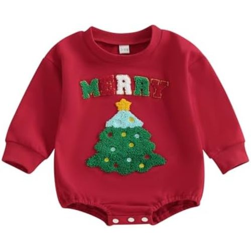 Newborn Baby Girl Boy Christmas Outfit Bubble Romper Infant Long Sleeve Sweatshirt Merry Christmas Tree Clothes
