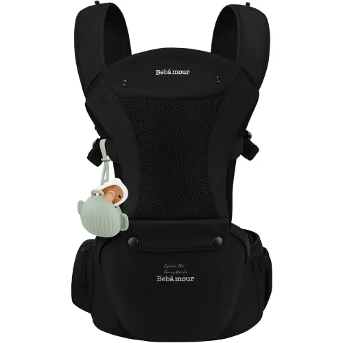 Bebamour Baby Carrier with Hip Seat,All-Position Breathable Mesh Hip Seat & Carrier 0-36Months with Head Hood, 3 PCS Teething Pads, Waist Extender,Storage Bag & Pacifier Case(Black)