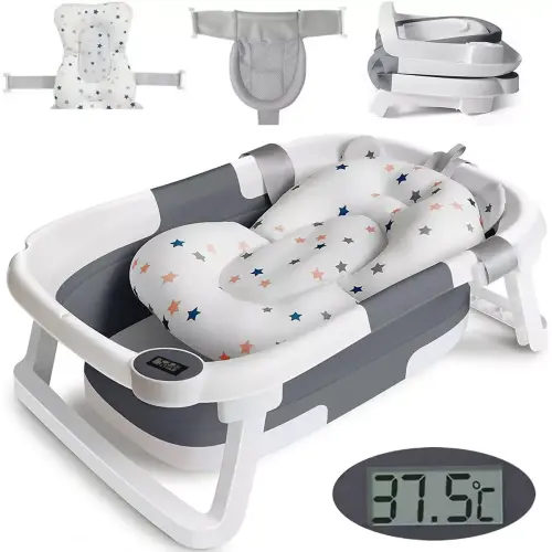 TOPCHANCES Collapsible Baby Bathtub with Thermometer, Newborn Baby Shower Tub with Baby Tub Cushion & Bath Net, Portable Baby Folding Bathtub for 0-36 Month Newborn, Grey