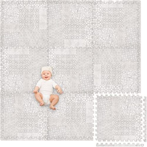Play Platoon Non-Toxic Extra-Thick Childrens Foam Play Mats for Floor, 9 Tiles - 72 x 72 inch Comfortable Cushioned Foam Floor Puzzle Tiles for Kids & Toddlers with 24 x 24 inch Sets - Khaki