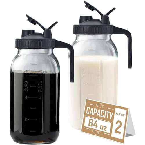 64oz Glass Pitcher with Lid - 2 Quart Mason Jar Pitcher with Spout