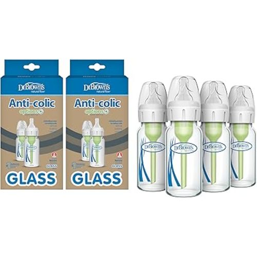 Dr. Brown's Natural Flow Anti-Colic Options+ Narrow Glass Baby Bottle 4 oz/120 mL, with Level 1 Slow Flow Nipple, 4 Pack, 0m+