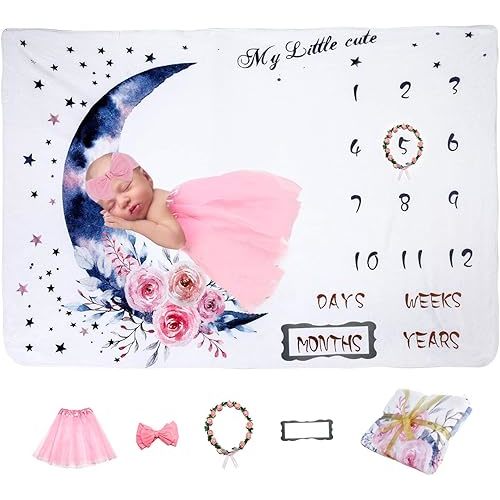 Baby Monthly Milestone Blanket - Nursery Decor for Newborn Baby Shower - Personalized Soft Fleece First Year with Days/Weeks/Months/Years - Markers & Frame &12 Stickers Included - Large 55"x40"