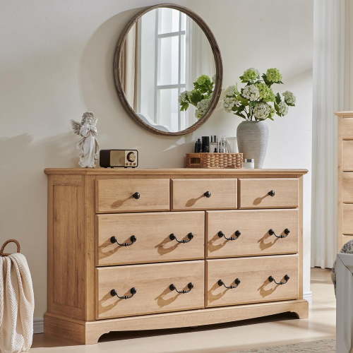 OKD 7 Drawers Dresser for Bedroom, Wide Chests Of Drawers Storage Dresser Chests, Wood Rustic Storage Closet, Natural Oak