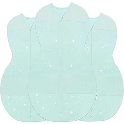 Happiest Baby Sleepea 5-Second Swaddle - 100% Organic Cotton Baby Swaddle Blanket - Doctor Designed Promotes Healthy Hip Development - 3-Pack Bundle (Teal Stars, S, M, L)