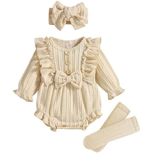 GRNSHTS Newborn Baby Girl Clothes Ruffle Solid Sweater Long Sleeve Romper+Hairband+Socks 3Pcs Fall Winter Outfits