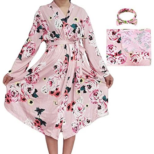 SUFEINI Maternity Robe and Matching Baby Swaddle Blanket Set, Mommy Robe with Receiving Blanket Girls Boys Sleepwear