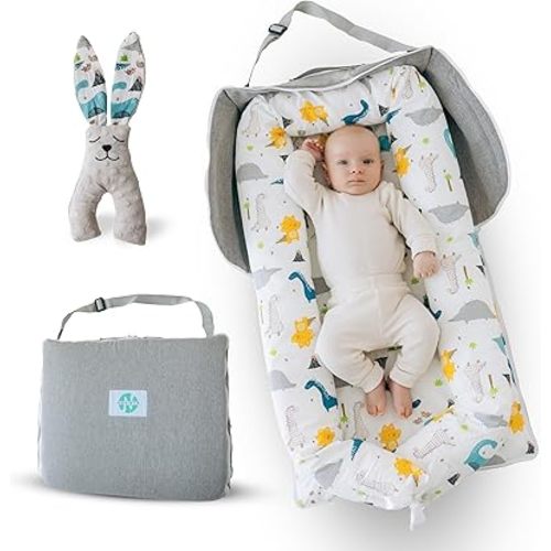 Baby Lounger for Newborn, 2in1 Diapers Bag and Baby Nest, Carry Your Essentials, 0-12 Months, Co Sleeping, Baby Floor Seat, Waterproof (Dinosaur)