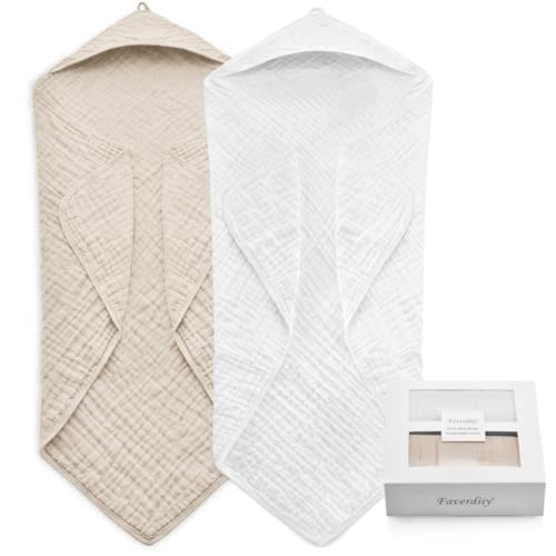 FAVERDIIY Newborn Hooded Baby Towels, 35x35 Inch 2 Pack 100% Muslin Cotton Baby Bath Towel, Soft Baby Beach Towels with Hood for Infants, Toddlers and Kids, (White + Beige)