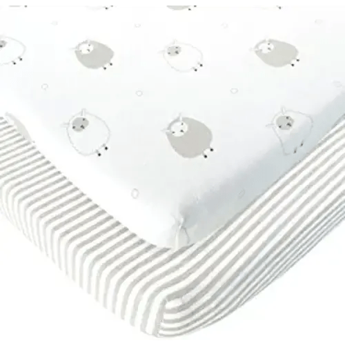 Travel Crib Fitted Sheets Compatible With Guava Lotus, Baby Bjorn, Dream on Me Travel Crib Light Playard – Fits Perfectly on 24 x 42” Mattress Without Bunching Up – Snuggly Soft Jersey Cotton – 2 Pack - Stripes & Sheep