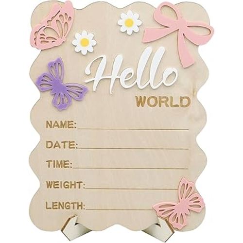 Wooden Newborn Baby Announcement Sign, Butterflies Flowers Bows Hello World Baby Welcome Baby Name Birth Milestone Announcement Sign for Hospital Nursery Photo Props (5.82 x 7.36 inch)