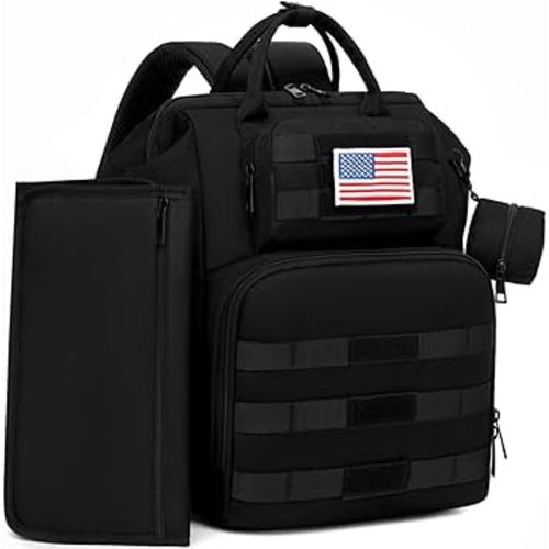 Diaper Bag Backpack for Dad and Men, Large Travel Tactical Baby Gear Diaper Bag with Changing Pad, Pacifier Case, Removable Flag Patch - Baby Shower Gifts - Shadow Black