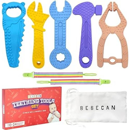 Teething Tools Teether for Baby - 5 Premium Food-Grade Silicone Baby Boy Teething Toys, 2 Straps for Safety and Travel Bag Baby Tool Toys Provide Soothing Relief and Healthy Development.