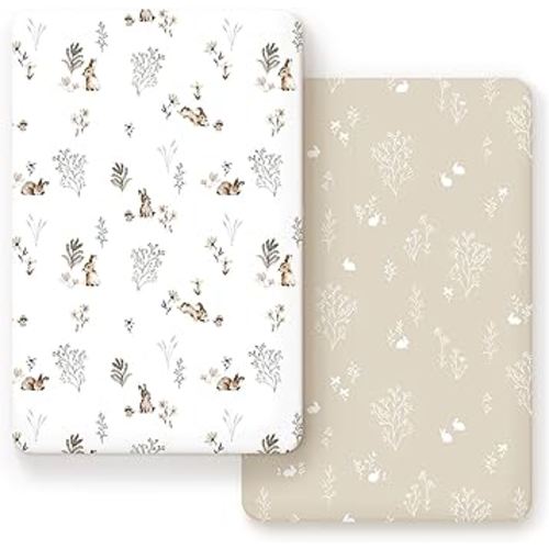 GRSSDER Stretch Ultra Soft Jersey Knit Fitted Pack n Play Sheets Set 2 Pack, Portable/Mini Crib Sheets for Boys and Girls, Stylish Watercolor Rabbit Pattern