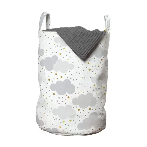 Ambesonne Clouds Laundry Bag, Themed Pattern with Dreamy Sky with Dots and Stars, Hamper Basket with Handles Drawstring Closure for Laundromats, 13" x 19", Grey Coffee