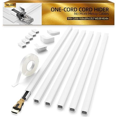 Delamu Cord Hider, 94in Cord Covers for Wires on Wall, One-Cord Cable Hider, Wire Hiders Wire Covers for TV Cords on Wall, Easy Mount Cable Cover Management Kit, 6xL15.7 W0.59 H0.4in, White