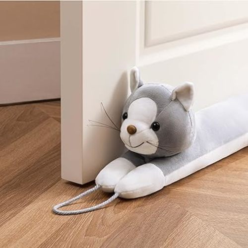 Sunolga 32 Inches Weighted Door Draft Stopper Under Door Noise Air Stopper, Gray Cat Shape Sound Proof Draft Guard for Doors and Windows
