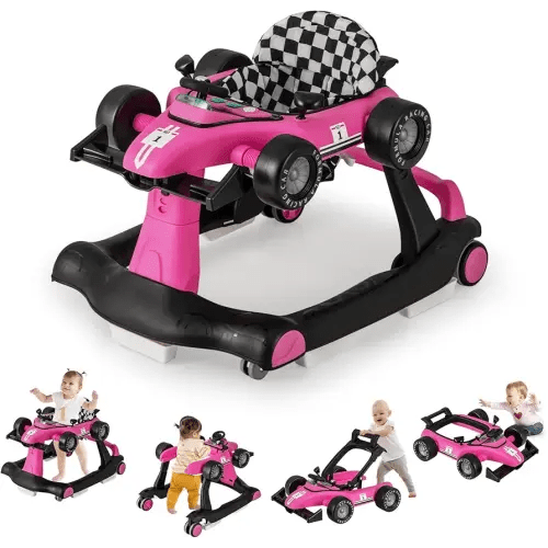 GLACER Foldable Baby Walker, 4-in-1 Infant Walker with Adjustable Height & Speed, Music, Light, Steering Wheel & Washable Cushion, Baby Walker Activity Center for Boys Girls 6 –18 Months (Pink)