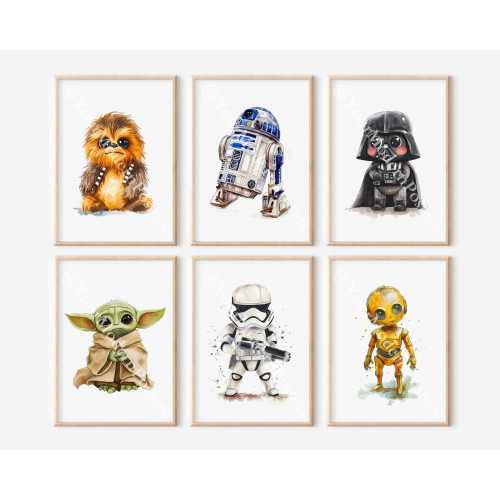Cute Chibi Star Wars Characters - Nursery Room Decor - Art Gallery Wall - Set of 6 Starwars Posters - Baby Room Decor - Watercolor Art Print