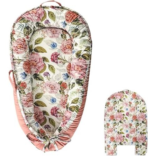 Baby Lounger Replacement Cover, Newborn Lounger cover for 0-12 Months, Breathable & Portable Infant Lounger Case, Soft Baby Floor Seat Cover for Travel, Machine Washable (Cover Only), Peony flower