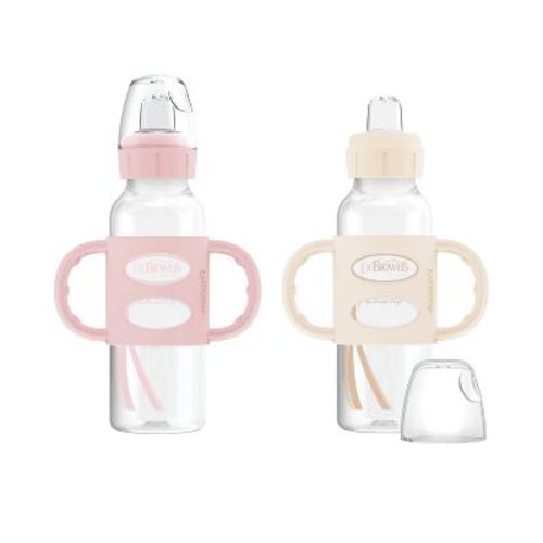 Dr. Brown's 8oz Milestones Narrow Sippy Bottle With Silicone Handles & Soft Spout - 2pk - 6m+ - Light Pink & Ecru