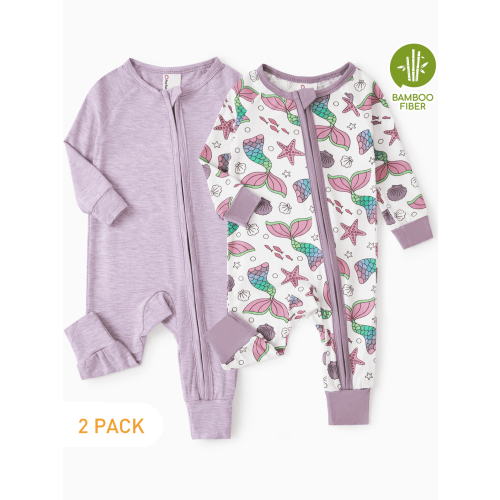 PatPat Bamboo Baby Pajamas Baby Girl Gifts Snug Fit Zipper Long-Sleeved Baby Bodysuits Sleepwear,2Pack,0-24 Months