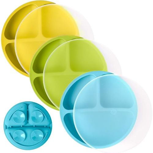 WeeSprout Suction Plates with Lids for Babies & Toddlers - 100% Silicone, Dinnerware Stays Put, Divided Design for Picky Eaters, Microwave & Dishwasher Friendly, 3 Pack - Bright Green, Blue & Yellow - With Lids