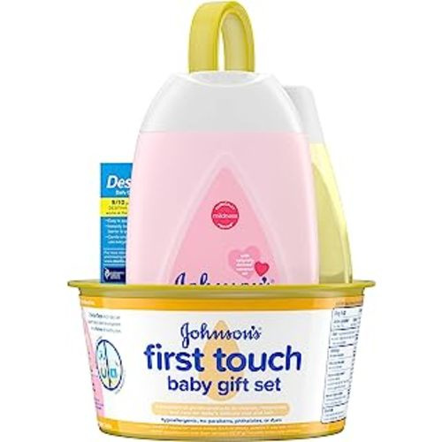 Johnson's First Touch Baby Gift Set, Baby Bath, Skin, & Hair Essential Products, Kit for New Parents with Wash, Shampoo, Lotion, & Diaper Rash Cream, Hypoallergenic & Paraben-Free, 5 Items