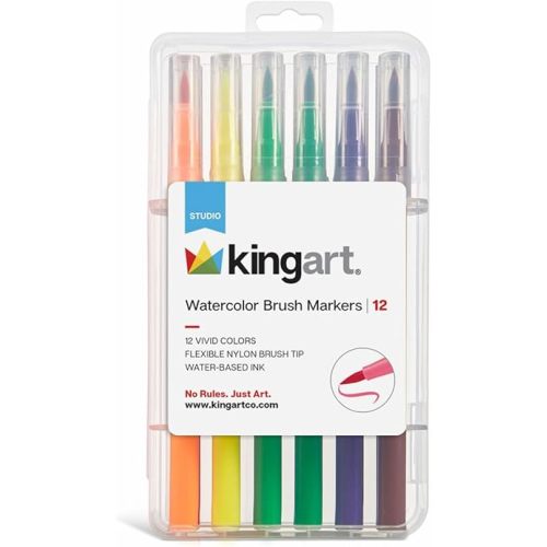 KINGART 'Watercolor-Effect' Brush Markers (410-12), 12 Colors - Brightly Colored Markers, Journaling, Lettering, Kids and Adult Coloring Books, and More, Convenient Carrying Case