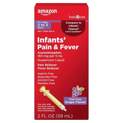 Amazon Basic Care Infants' Pain & Fever, Acetaminophen 160 mg per 5 mL, Suspension Liquid, Dye-Free Grape Flavor, 2 fl oz (Pack of 1)