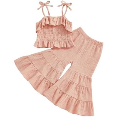 Toddler Baby Girl Smocked Outfit Ruffle Halter Shirt Flared Pants Set Toddler Bell Bottom Outfit Summer Clothes
