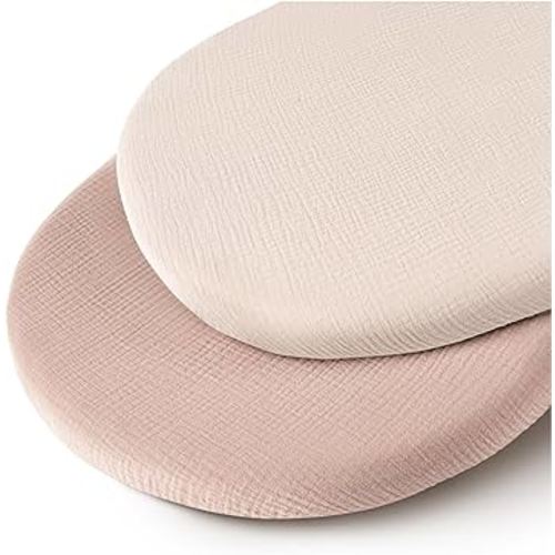 Muslin Bassinet Sheets for Baby Neutral, Soft Breathable Cotton Fitted Sheets for Oval, Rectangle, Hourglass Bassinet Mattress/Pad - 2 Pack (Ivory& Pink)