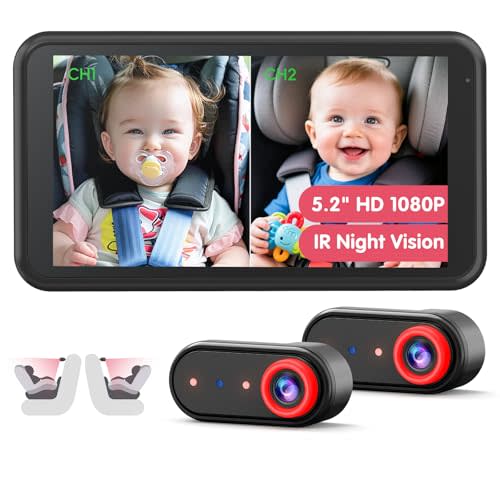 LUCKVIEW BM2 PRO Dual Baby Car Camera, 5.2" 1080P HD Display for Rear-Facing Car Seats, IR Night Vision, Anti-Shake Mount, Easy Install – Ideal for Parents with 2 Kids and Pets