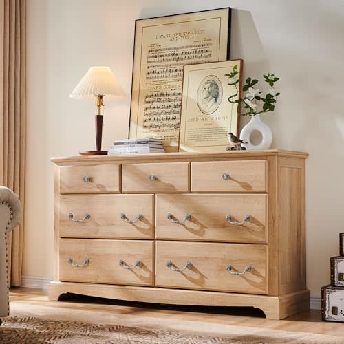 T4TREAM 7 Drawers Dresser Chests for Bedroom, Wood Vintage Chests of Drawers, Rustic Dressers Chset Organizer for Bedroom, Living Room, Hallway, Natural Oak