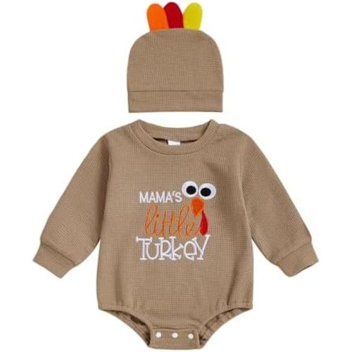 Newborn Baby Boy Girl Thanksgiving Outfit Turkey Romper Mama's Little Turkey Long Sleeve Bodysuit Infant Hat Outfits