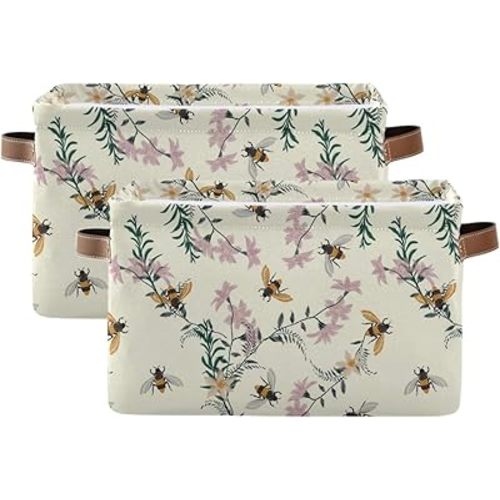 Storage Basket Cube Vintage Spring Bee Flower Large Collapsible Toys Storage Box Bin Laundry Organizer for Closet Shelf Nursery Kids Bedroom,15x11x9.5 in,2 Pack