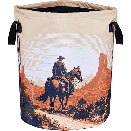 Western Cowboy Laundry Basket Desert Riding Foldable Oxford Cloth Funny Tote Bag Laundry Hamper Clothes Storage Bucket Organizer For Bathroom/Laundry Storage/Bedroom18.9x16.5 Inch