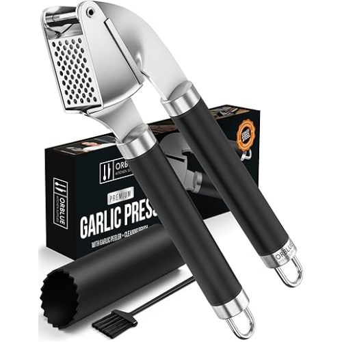 ORBLUE Garlic Press Stainless Steel - Premium Professional Grade Garlic Mincer, Crusher & Peeler Set - Easy Clean, Dishwasher Safe & Rust-proof, Black