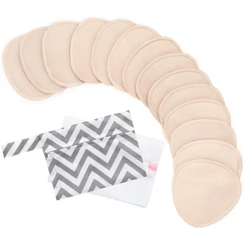 Organic Nursing Pads - 14 Washable Breast Pads for Breastfeeding, Wash Bag, Reusable Nipple Covers for Breastfeeding Essentials, Soft & Absorbent (Bare Beige, L 4.8")