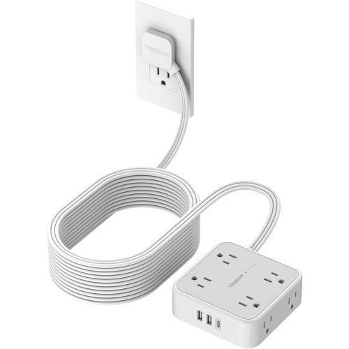 TESSAN 10 Ft Surge Protector Power Strip, 3 USB(1 USB C) 8 Outlets, Flat Plug Extension Cord with Multiple Outlets, 900J Protection, Desk Charging Station for Home, Dorm Room Essentials, Grey