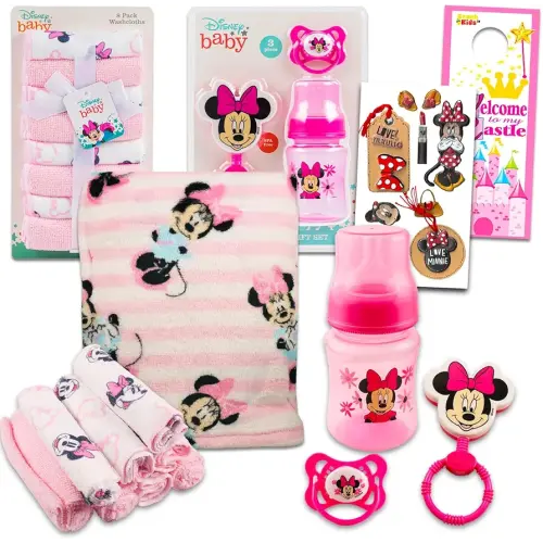 Disney Minnie Mouse Baby Gift Set, Baby Shower Gifts Girls Neutral - 12 Pc Newborn Essentials Bundle with Blanket, Towels, Rattle, Bottle, Pacifier, Scrapbook Stickers, More