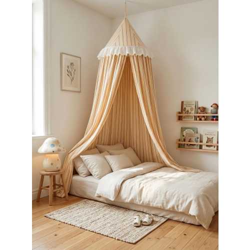 Kids Bed Canopy – Cream Yellow Striped Tent with Lace Frill – Cozy Scandinavian-French Nursery Decor for Toddler Bedroom