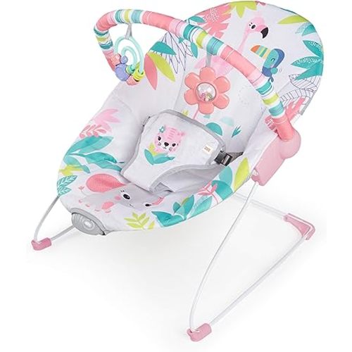 Bright Starts Baby Bouncer Soothing Vibrations Infant Seat - Removable-Toy Bar, Nonslip Feet, 0-6 Months Up to 20 lbs (Flamingo Vibes, Pink)