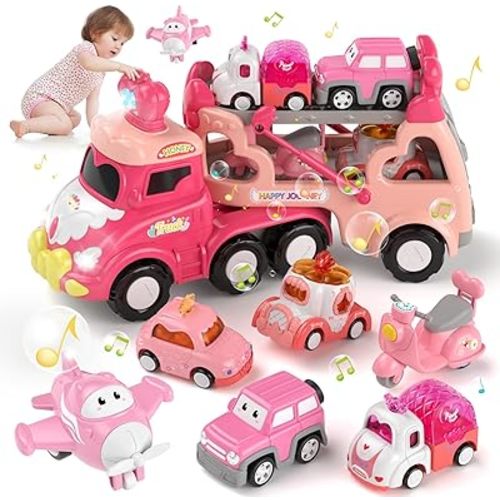Toddler Girl Truck Toys for 1 2 3 Year Old Girl Birthday Gifts, 7-in-1 Pink Princess Car Transport Carrier Trucks for Toddlers 1-3, Friction Power Toy Cars with Lights & Music, My daughter First Gift