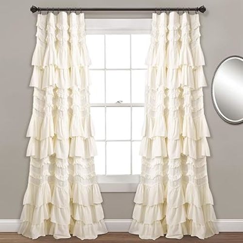 Lush Decor Kemmy Light Filtering Window Curtain Panel Single 52" W x 84" L Ivory - Drapes - Ruffled Curtains for Bedroom - Cream Curtains - Coquette Decor