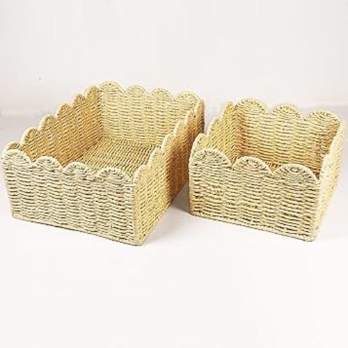 Scalloped Edge Basket, Wicker Storage Baskets, Hand Woven Baskets for Shelves,Natural Baskets for Organizing (S+M)