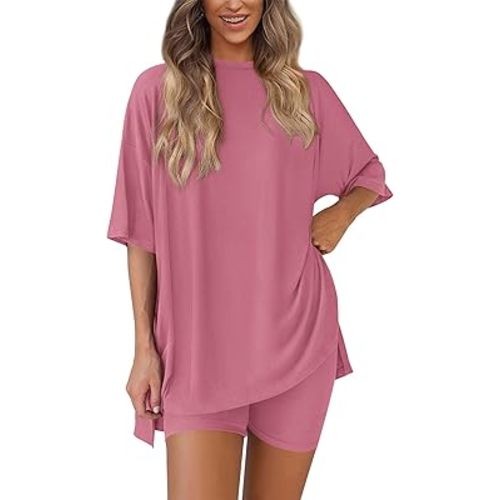 PRETTYGARDEN Women's Two Piece Lounge Set 2025 Summer Casual Oversized Shirts Biker Shorts Matching Airport Travel Outfit