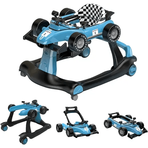 4-in-1 Baby Walker, Foldable Activity Walker with Adjustable Height & Speed, Music, Lights, Steering Wheel, Activity Baby Push Walker for Boys Girls Aged 6–18 Months (Blue)