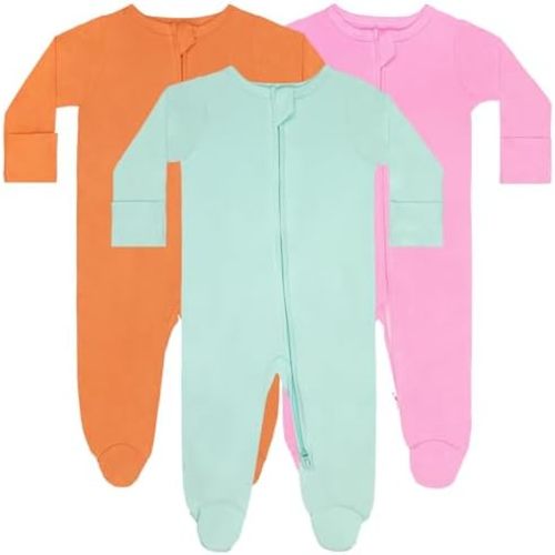 GUISBY Long Sleeve Baby Footed Pajamas with Mittens Cotton Sleepers with Zipper 3-Pack