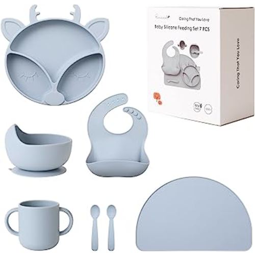 ROCCED Silicone Baby Feeding Set Baby Led Weaning Supplies Toddler Dish Set First Stage Solid Food Eating Utensil, Suction Plates with Spoons Baby Suction Bowls Bibs Cups Placemat- 6M+ Dusty Blue